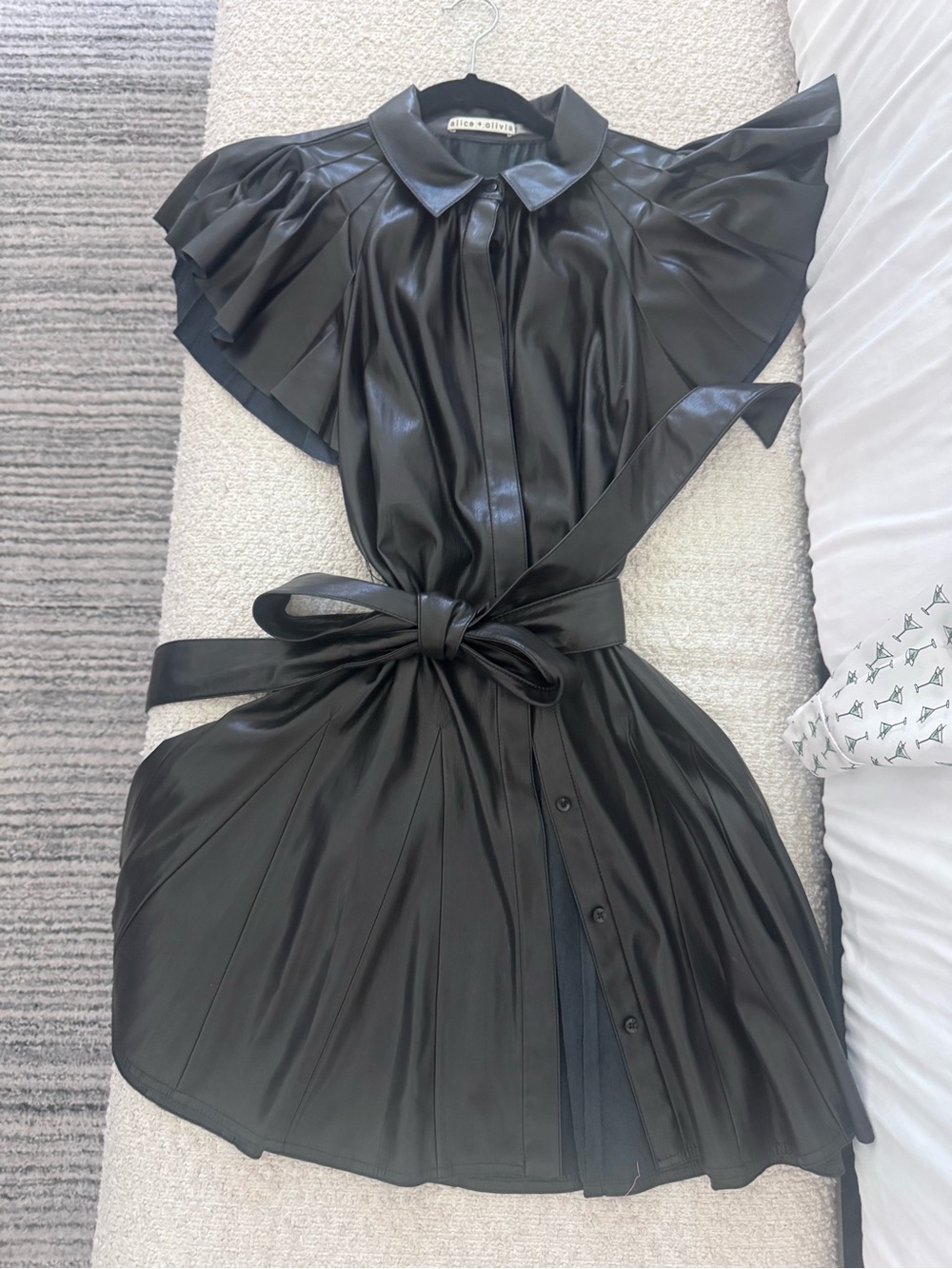 Alice + Olivia Black Faux-Leather Pleated Belted Shirt Dress